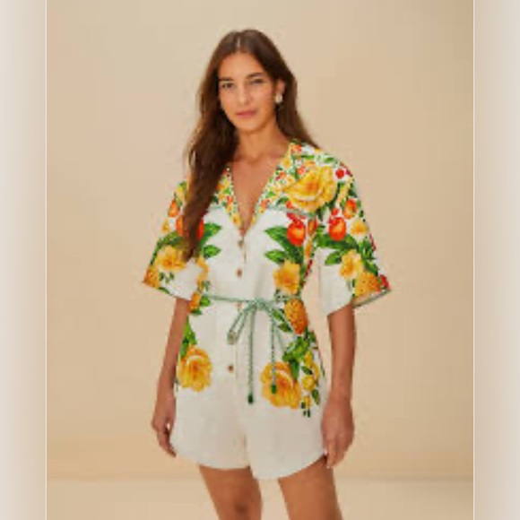 Farm Rio Off-White Picnic Flowers Euroflax™ Premium Linen Romper - Picture 1 of 5